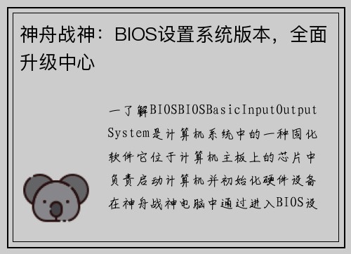 神舟战神：BIOS设置系统版本，全面升级中心